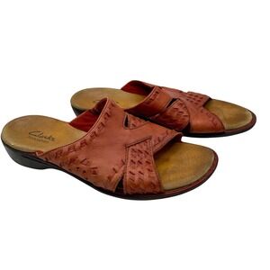 Clarks Bendables Womens Size 7‎ M Red Leather Slip On Slide Sandals
